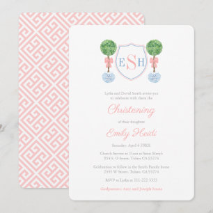 Elegant Boxwood Monogram Girl Christening Party Inbjudningar