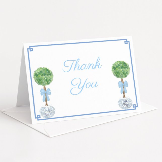 Elegant Boxwood Topiary Blue Pojke Shower Tack Kort (Boxwood topiary with baby blue bow in chinoiserie planter thank you card)