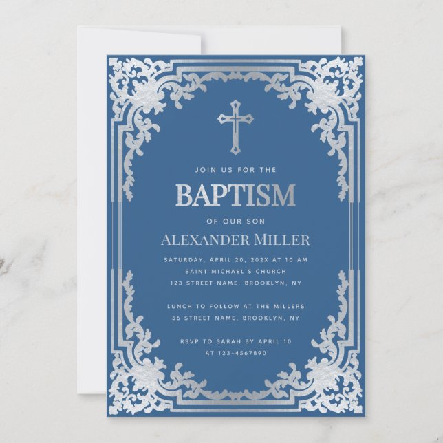 Elegant Boy Baptism Classic Blue Faux Silver Kor Inbjudningar (Framsida)