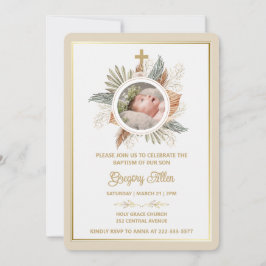 Elegant Boy Baptism Greenery Cross Photo  Invitati Inbjudningar