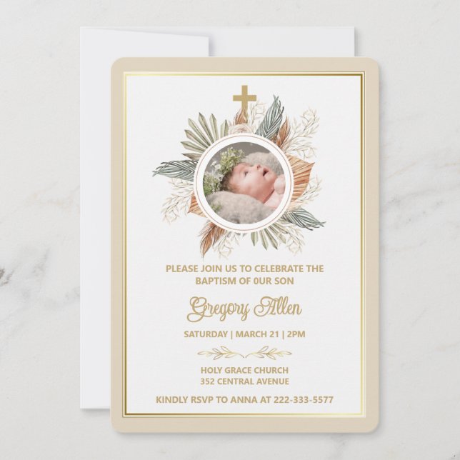 Elegant Boy Baptism Greenery Cross Photo  Invitati Inbjudningar (Framsida)