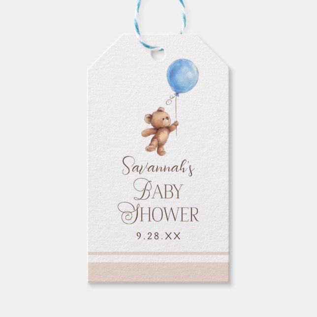 Elegant Boy Bear Baby Shower Presentetikett (Framsidan)