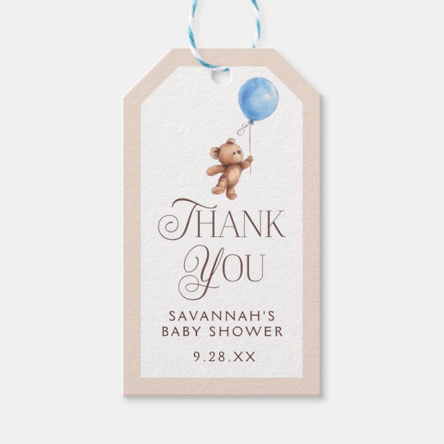Elegant Boy Bear Baby Shower Presentetikett (Framsidan)