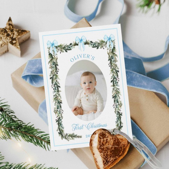 Elegant Boy First jul Photo Card Kort (Baby Boy First Christmas Photo Card)