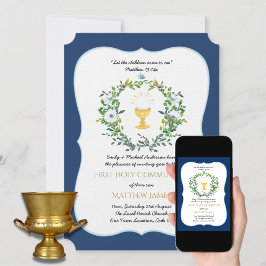 Elegant Boys Navy Blommigt First Heliga Communion  Inbjudningar