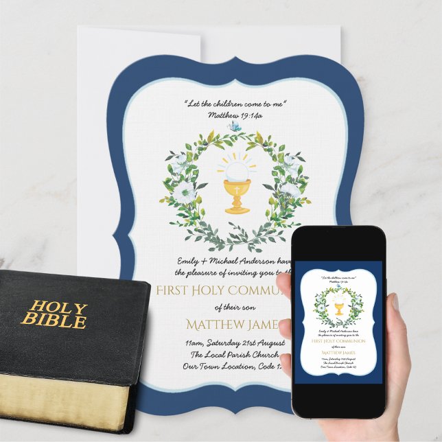 Elegant Boys Navy Blommigt First Heliga Communion Inbjudningar (Skapare uppladdad)