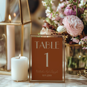 Elegant bränd orange guld bröllopsbord nummer inbjudningar