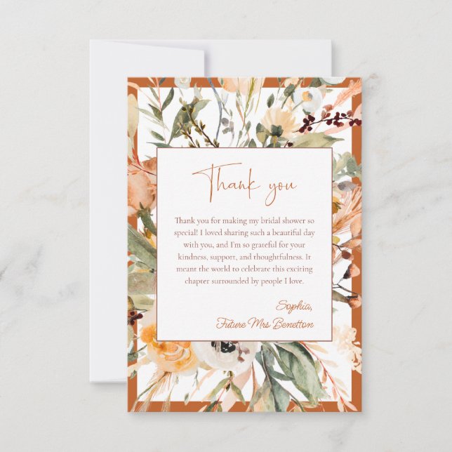 Elegant bränd orange höstblommig bröllopsdusch tack kort (Framsida)