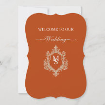 Elegant bränd orange monogram topp bröllopsinbjuda