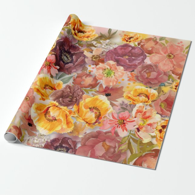Elegant bränd orange rost vattenfärg blomsterinpac presentpapper (Utrullad)
