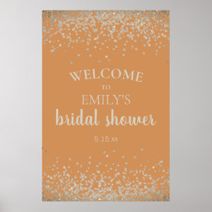 Elegant bränd orange silver konfetti bröllopsdusch poster