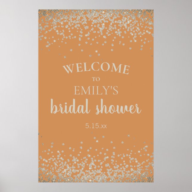 Elegant bränd orange silver konfetti bröllopsdusch poster (Framsidan)