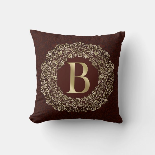 Elegant Brev B guld och Red Damask Monogram Kudde (Framsida)