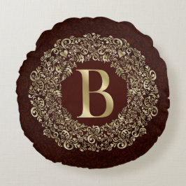 Elegant Brev B guld och Red Damask Monogram Rund Kudde