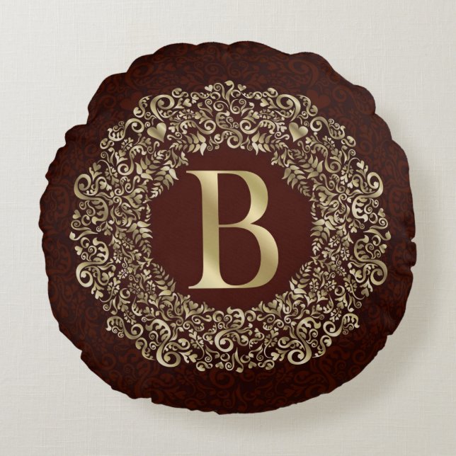 Elegant Brev B guld och Red Damask Monogram Rund Kudde (Framsidan)