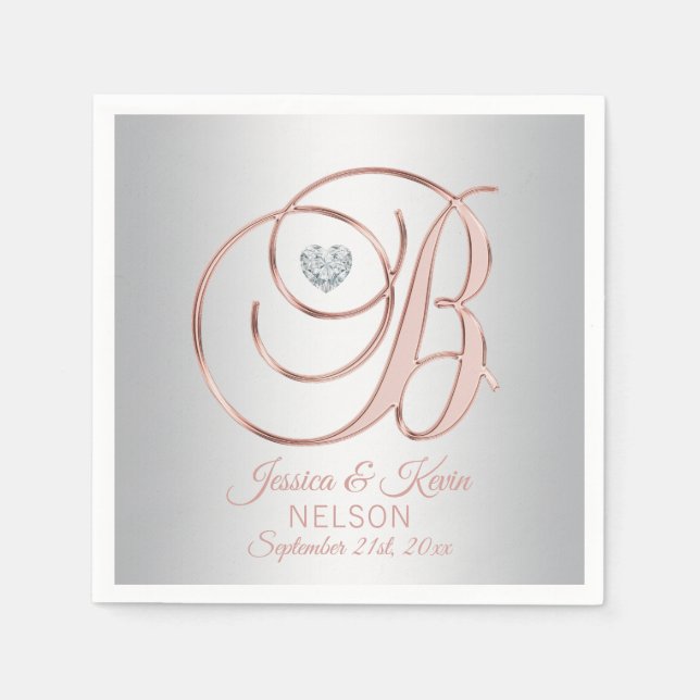 Elegant Brev 'B' Silver Grått Ro Guld Bröllop i Pappersservett (Framsidan)