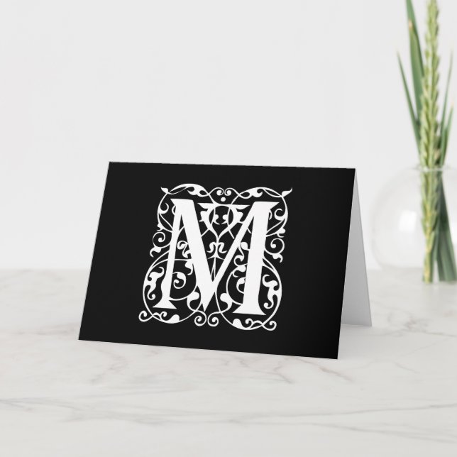Elegant Brev M White on Black Monogram Anteckningskort (Framsida)