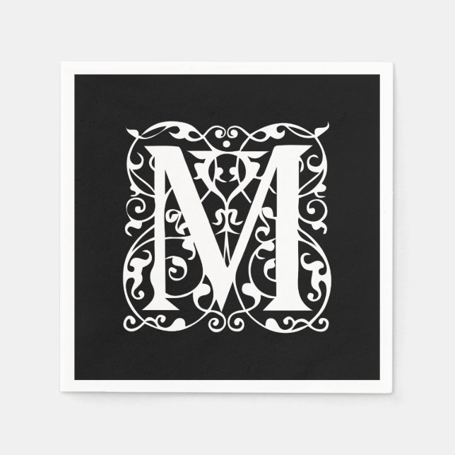 Elegant Brev M White on Black Monogram Pappersservett (Framsidan)