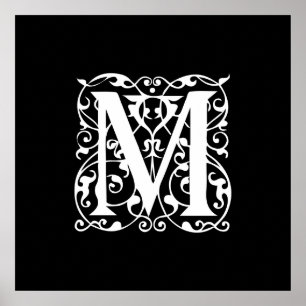 Elegant Brev M White on Black Monogram Poster