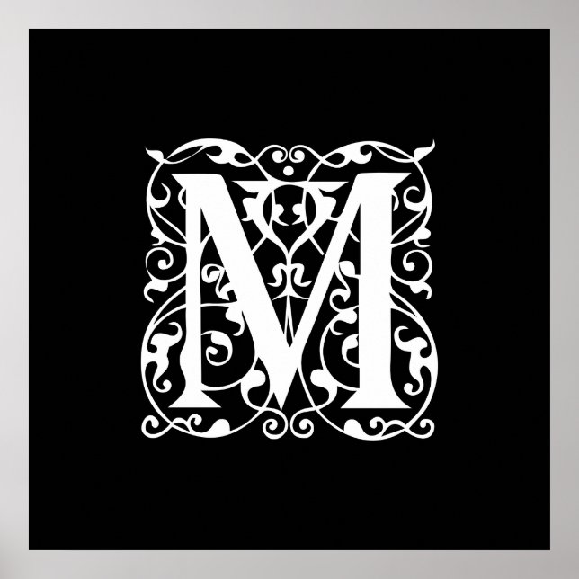 Elegant Brev M White on Black Monogram Poster (Framsidan)