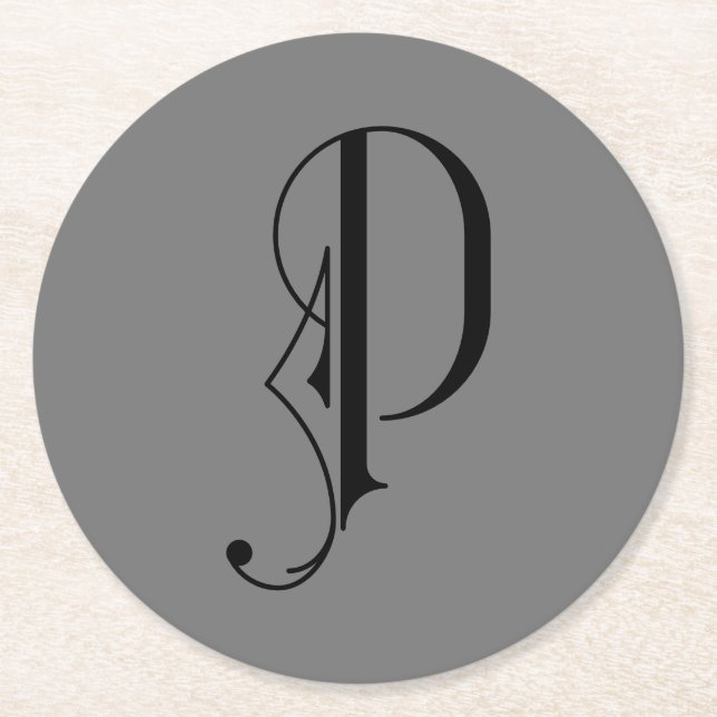 Elegant Brev P Monogram Black på Grått Underlägg Papper Rund (Framsidan)