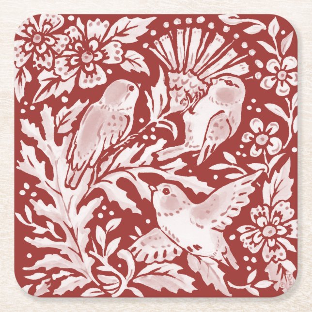 Elegant Brick Red Woodland Birds on Thistle Flower Underlägg Papper Kvadrat (Framsidan)