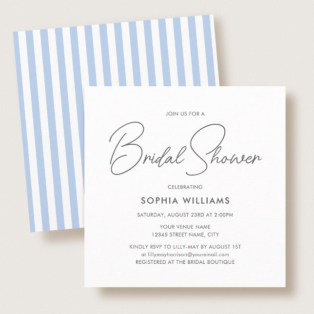 Elegant Bridal Shower Modern Script Blue Stripes Inbjudningar (Skapare uppladdad)