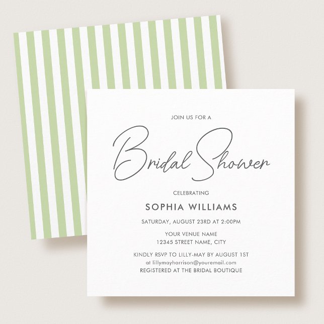 Elegant Bridal Shower Modern Script Green Stripes Inbjudningar (Skapare uppladdad)
