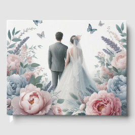 Elegant Bride and Groom with Peonies and Lavender Gästböcker