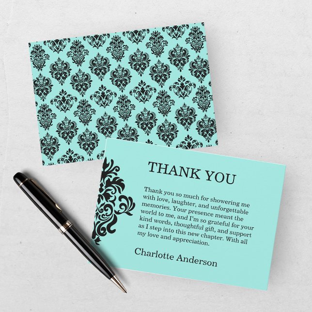 Elegant Bride & Co. Damask Bröllopsfest Teal Tack Kort (Skapare uppladdad)