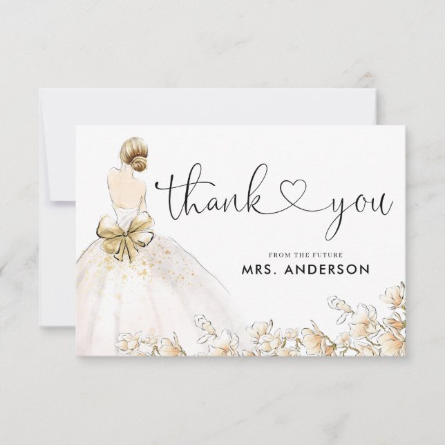 Elegant Bride Gown Dress Guld Blommigt Möhippa Tack Kort (Framsida)