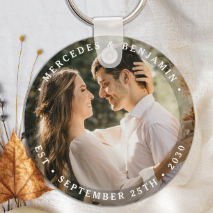 Elegant Bride Groom Modern Photo Namn Date Bröllop Nyckelring
