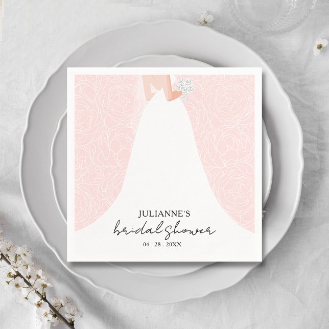 Elegant Bride on Rosa Möhippa Pappersservett (Elegant bride in her gown on a background of sketched roses on pink bridal shower napkins)
