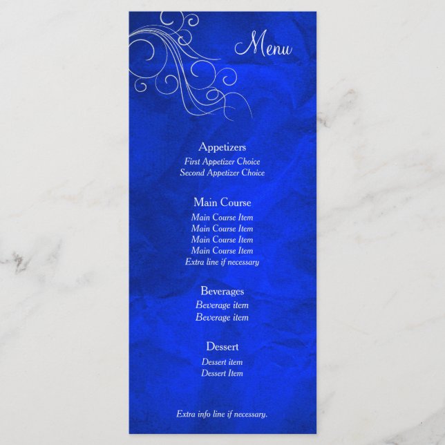 Elegant Bright Blue Silver Bröllop-menykort Meny (Framsida)