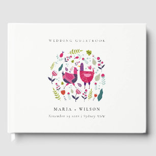 Elegant Bright Folk Farm Blommigt Love birds Bröll Gästböcker