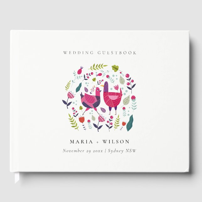 Elegant Bright Folk Farm Blommigt Love birds Bröll Gästböcker (Framsida)