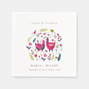 Elegant Bright Folk Farm Blommigt Love birds Bröll Pappersservett