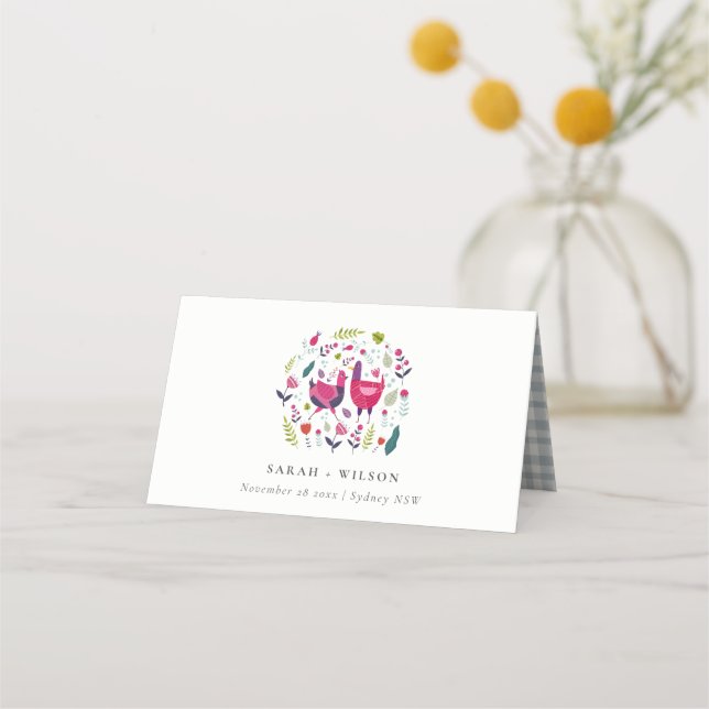 Elegant Bright Folk Farm Blommigt Love birds Bröll Placeringskort (Framsida)