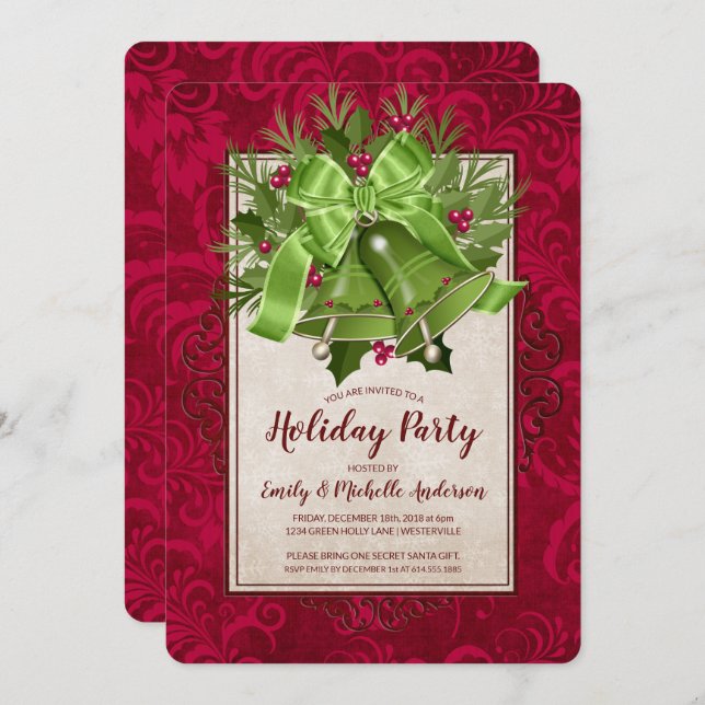 Elegant Bright Grönt Julfest Klockor jul Inbjudningar (Fram/baksida)