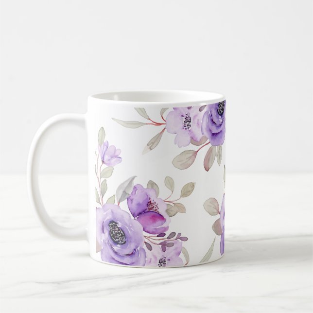 Elegant Bright Lila Blommigt Vattenfärg Kaffemugg (Vänster)