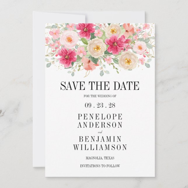 Elegant Bright Pink Floral Wedding Save The Date (Framsida)