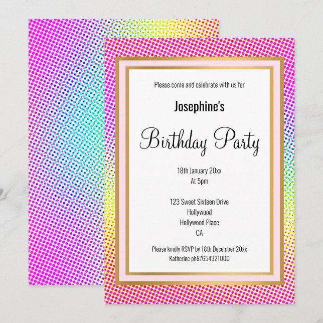 ELEGANT BRIGHT RAINBOW GULD BIRTHDAY INBJUDNINGAR (Fram/baksida)