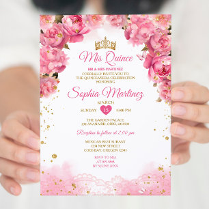 Elegant Bright Rosa Flowers Guld Girl Mis Quince Inbjudningar