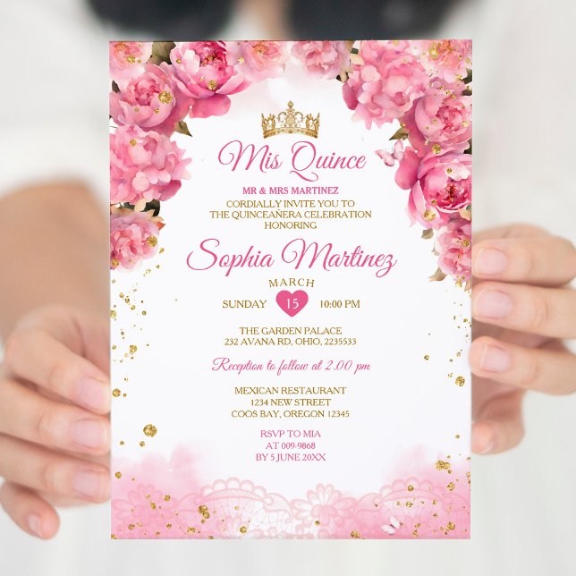 Elegant Bright Rosa Flowers Guld Girl Mis Quince Inbjudningar (Skapare uppladdad)
