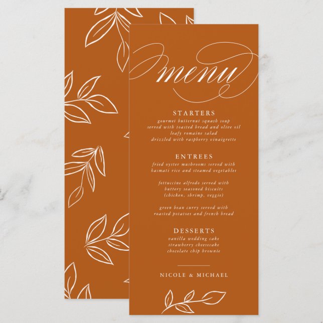 Elegant Brinnande Orange Minimalistisk Löv Bröllop Meny (Fram/baksida)
