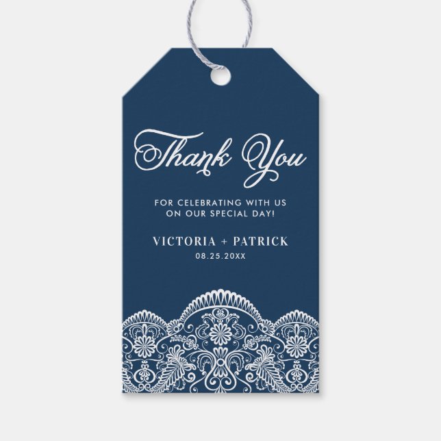Elegant Brocade Snöre Blue Bröllop Tack Presentetikett (Framsidan)