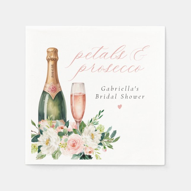 Elegant Bröllidssydd Rosa Blommor & Prosecco Bröll Pappersservett (Framsidan)