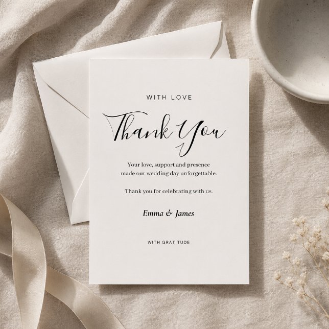 Elegant brölljstackningskort med script och serif tack kort (Elegant script typography with timeless luxury wedding style.)