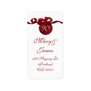 Elegant bröllop Adress Swirly Bow Monogram Red Adressetikett