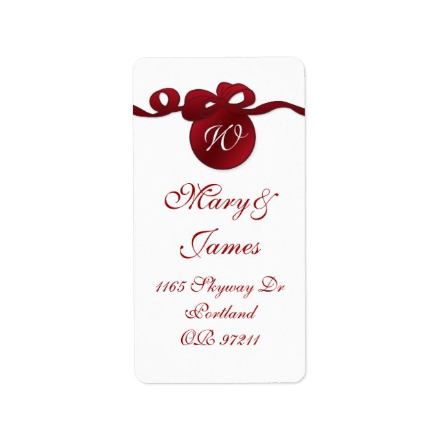 Elegant bröllop Adress Swirly Bow Monogram Red Adressetikett (Framsidan)